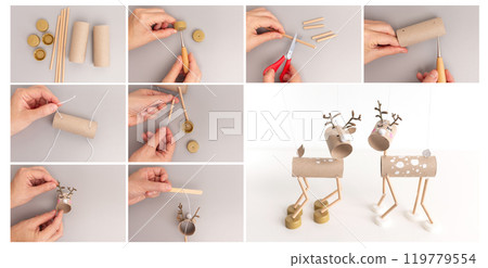 Step-by-step tutorial for creating DIY reindeer puppets using cardboard tubes, wooden sticks, and bottle caps. Collage showing assembly process from materials to finished craft. 119779554
