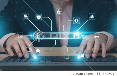 Search with AI Assistant; SEO Search Engine Optimization Concept. AI SEO icons on websites to rank search engines or perform SEO. search on screen. Artificial Intelligence data technology 119779695