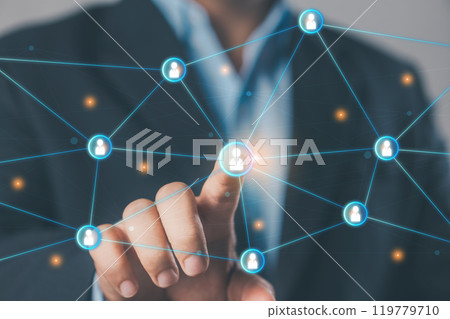 Social network interface businessman touch button sign. Human resource concept. 119779710