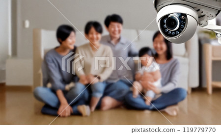 Family spending time indoors with security camera Family spending time indoors with security camera 119779770