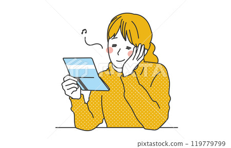 一個心情好的女人看著她的存摺的簡單插圖 119779799