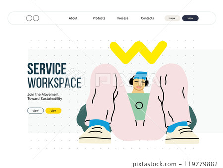 Creative workspace, modern flat vector concept illustration of a man working sitting with a computer with headphones Remote work, flexibility, independence, efficiency, mobility, synergy, freedom 119779882