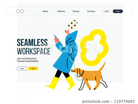 Creative workspace, modern flat vector concept illustration of a woman working on the phone walking with a dog Remote work, flexibility, independence, efficiency, mobility, synergy, freedom 119779883