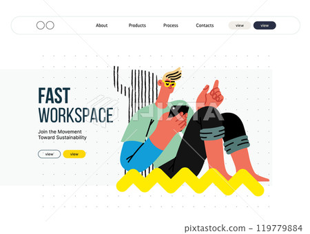 Creative workspace, modern flat vector concept illustration of a man working sitting with a computer under the tree Remote work, flexibility, independence, efficiency, mobility, synergy, freedom 119779884