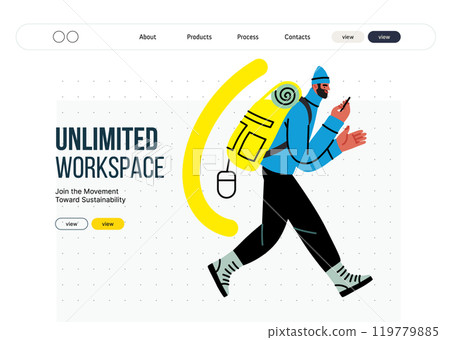 Creative workspace, modern flat vector concept illustration of a man working hiking with a backpack and phone, Remote work, flexibility, independence, efficiency, mobility, synergy, freedom 119779885