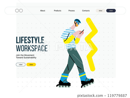 Creative workspace, modern flat vector concept illustration of a man working rollerblading with a phone, Remote work, flexibility, independence, efficiency, mobility, synergy, freedom 119779887