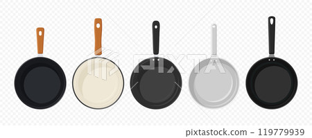 Flat Cartoon Style Frying Pans Vector Set. Top View Frying Pan Illustration Collection for Cooking, Kitchen, Culinary Concept. Frying Pan Design Templates, Icons, Clipart Flat Cartoon Style Frying Pans Vector Set. Top View Frying Pan Illustration Collection for Cooking, Kitchen, Culinary Concept. Frying Pan Design Templates, Icons, Clipart 119779939