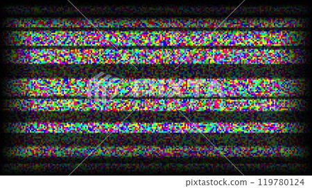 RGB TV static noise background. Glitch bw pixelated television screen. Lost or bad TV signal VHS video with black stripes wallpaper. CRT screen with interferences or glitches. Vector white noise grain 119780124