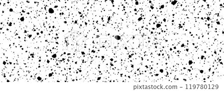Black and white dotted seamless pattern. Grunge dripped sprinkles, particles, dust or splashes wallpaper. Distress noise grain repeating background. Random mottled gritty overlay texture. Vector 119780129