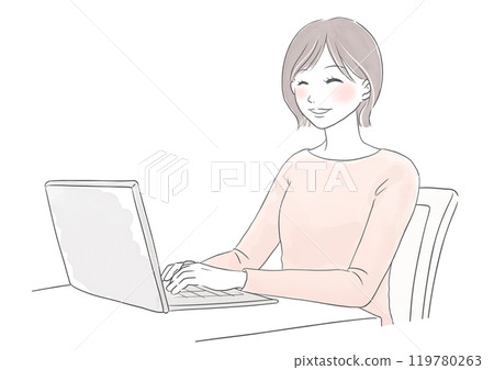 Watercolor illustration of a smiling woman at a computer Watercolor illustration of a smiling woman at a computer 119780263