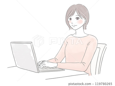 一位微笑的女士操作電腦的水彩風格插圖 一位微笑的女士操作電腦的水彩風格插圖 119780265