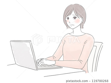 Watercolor illustration of a woman having trouble using a computer 119780268