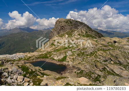Rocky Mountain Landscape with Small Alpine Pond 119780283