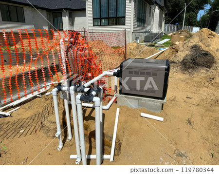 Installation of system boiler heats pool water 119780344