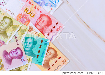 It is China economy that uses paper money in form of Chinese yuan cash banknotes in various denominations 119780379
