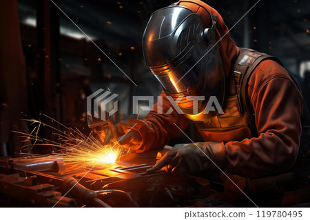 As worker welding using gas argon to steel light sparks are created that smoke in factory at work AI Generation 119780495
