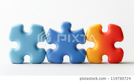 3D illustration of three colorful jigsaw puzzle pieces lined up on white background 119780724
