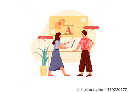 People working on project vector illustration. Team discussing an idea, developing startup, and making corrections People working on project vector illustration. Team discussing an idea, developing startup, and making corrections 119780777