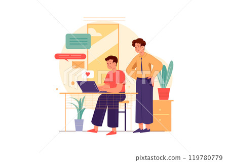 Happy boss watching over the shoulder of an employee 119780779