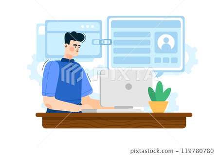 Guy working at a computer. Freelancer makes web projects. 119780780