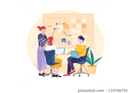 Business meeting and presentation. Teamwork in the office on project. Business meeting and presentation. Teamwork in the office on project. 119780791