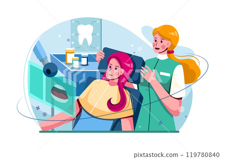 A woman sits in the dentist chair 119780840