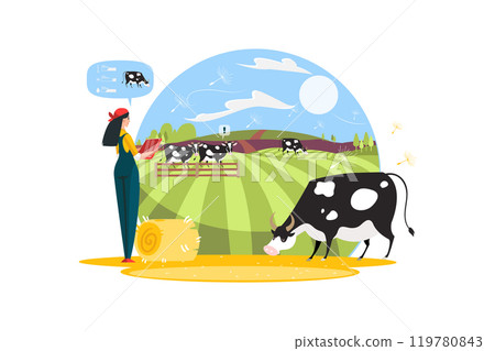 Farmer using a tablet to monitor and control cow farm Farmer using a tablet to monitor and control cow farm 119780843
