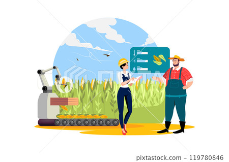 Farmers and engineers monitor and analyze data in the smart farms. Farmers and engineers monitor and analyze data in the smart farms. 119780846