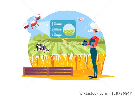 Farmers use remote sensing on the farm to collect data to research and develop their farm Farmers use remote sensing on the farm to collect data to research and develop their farm 119780847