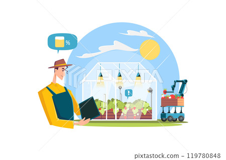 Farmers use tablets to monitor temperature, humidity, pressure, the light of soil in strawberry farms. Farmers use tablets to monitor temperature, humidity, pressure, the light of soil in strawberry farms. 119780848