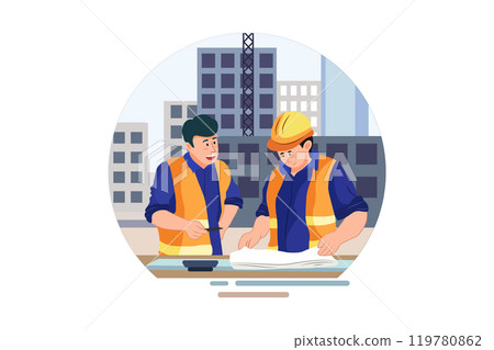 Engineer analysis blueprint of the construction site Engineer analysis blueprint of the construction site 119780862