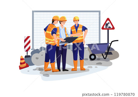 Construction site engineer doing routine standup 119780870