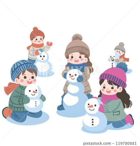 雪地裡玩耍:孩子堆雪人 雪地裡玩耍:孩子堆雪人 119780881