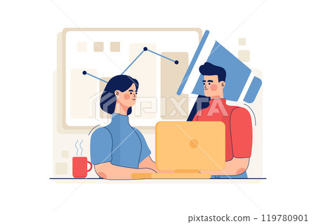 Male And Female Employee Doing Online Marketing Male And Female Employee Doing Online Marketing 119780901