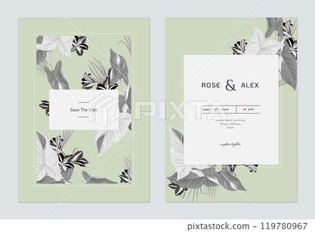 Vintage wedding invitation card template design, various flowers and leaves in green and dark grey tones 119780967