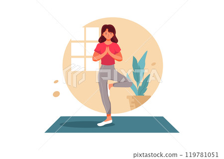 Young girl standing on one leg in yoga. Woman standing on one leg in balance yoga pose 119781051