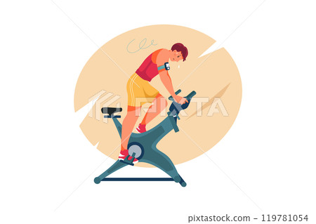 Man goes in for sports on bicycle simulator Man goes in for sports on bicycle simulator 119781054