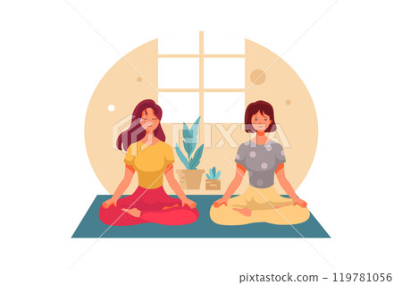 Two girl do yoga in lotus pose in room 119781056