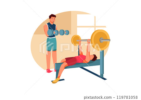 Father and his son do sports together, lifting dumbbells. Coach teaches boy 119781058