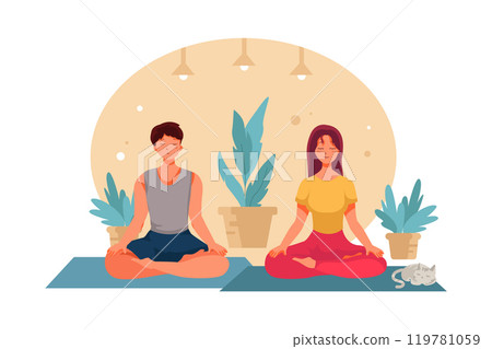 Girl and boy do yoga in lotus pose 119781059