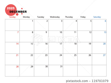 Simple 2025 calendar, December 119781079