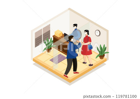 Person checking the temperature in the office Person checking the temperature in the office 119781100