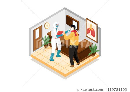 Doctors wearing PPE kit and checking body temperature at the hospital center 119781103