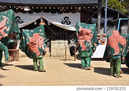 Takayama City, Gifu Prefecture, Japan: Traditional performing arts at the Takayama Festival in spring. Lion dance dedicated to the shrine. Back view of a group dancing in festival costumes. 119781252