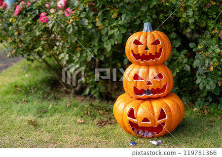 Jack-o'-lantern object in the rose garden Jack-o'-lantern object in the rose garden 119781366