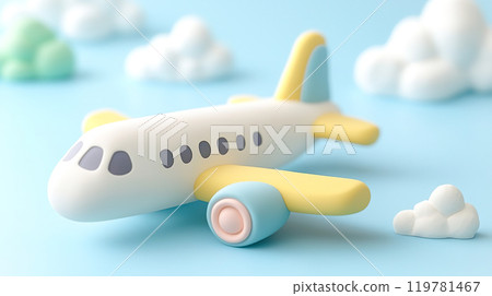 3D illustration of a colorful and cute airplane flying in the sky in a clay model style 119781467