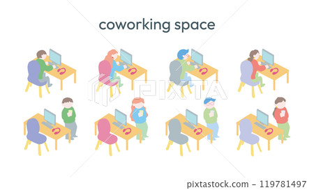Isometric, illustration set of people working in coworking space 119781497