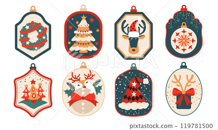 Set of isolated Christmas and New Year label in cute doodle style on transparent background. Volume 3 : Vivid red, green and beige tone colors. Set of isolated Christmas and New Year label in cute doodle style on transparent background. Volume 3 : Vivid red, green and beige tone colors. 119781500