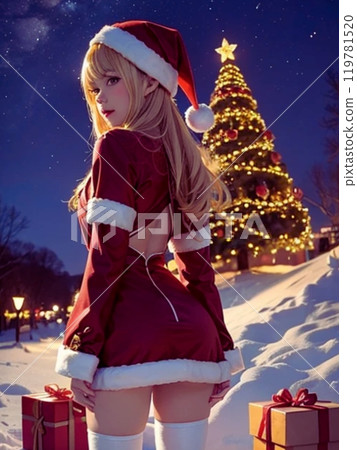 Snowy tree and woman wearing a Santa hat 119781520