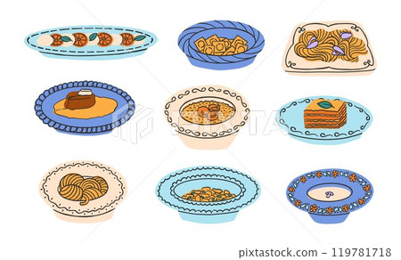 Set of Italian dishes. Pasta, lasagna, risotto, Ossobuco, pizza with mozzarella, gnocchi, ravioli, caprese, tiramisu. Vector illustration in modern style 119781718